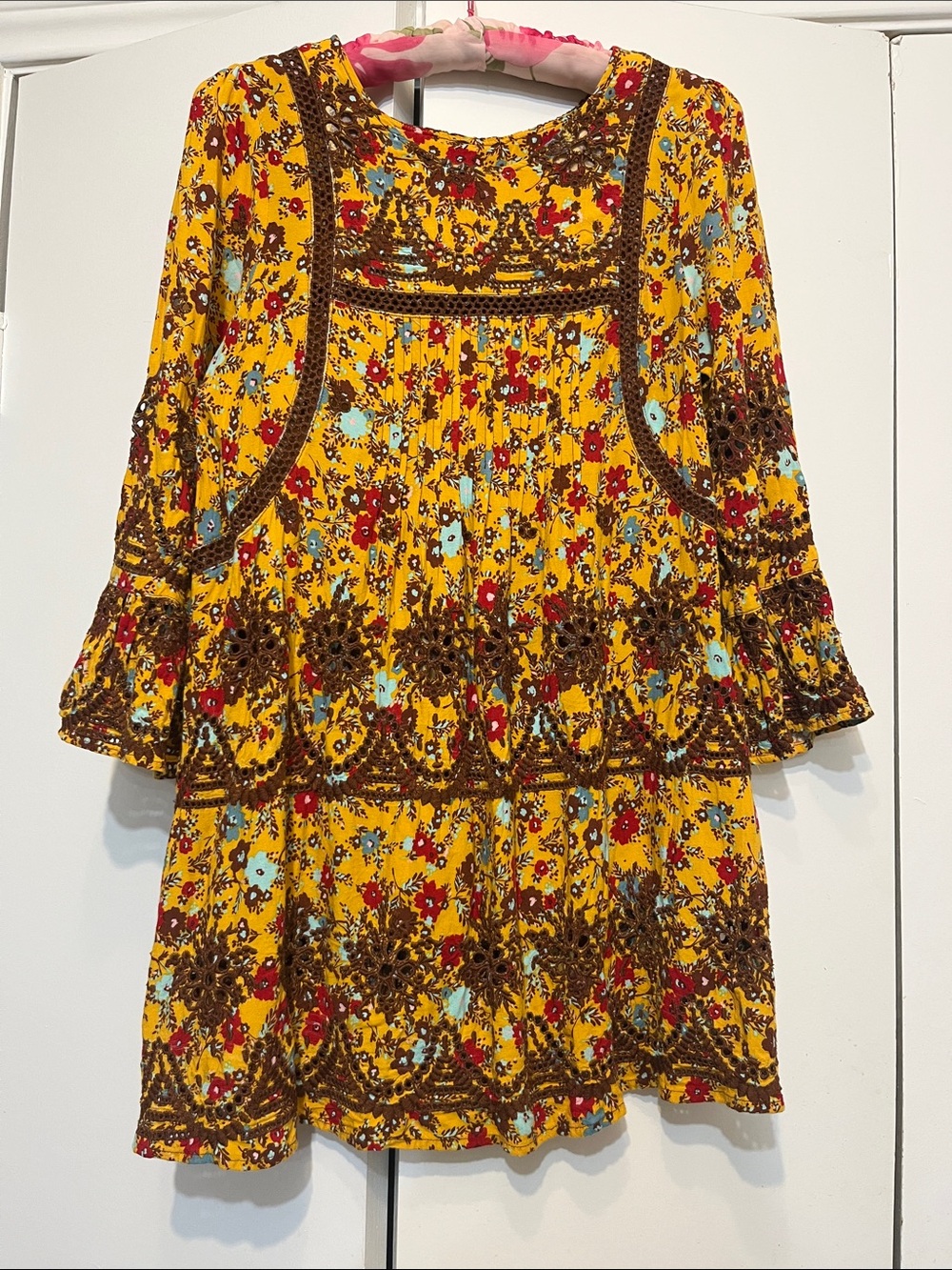 ivy jane Yellow Floral Boho Dress with Brown Trim Size S